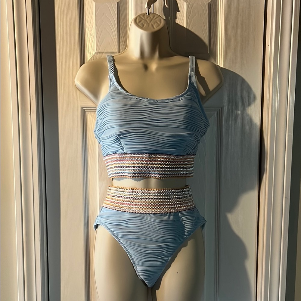 Blue Textured Women's Swimwear Set